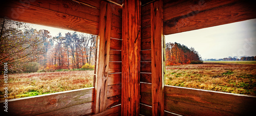 Interior of hunting tower in autumn season.