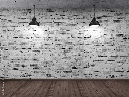 Empty 3D Room Interior with White Grunge Brick Wall, Wooden Floor and Hanging Black Lamps. 3D Rendering