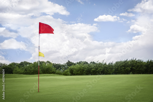 Flag on golf fairway with copyspace.
