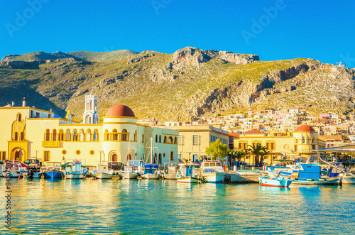 Port and townhall in Pothia on Kalymnos, Greece