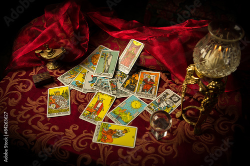 Tarot Cards Spread and scattered on Table Haphazardly