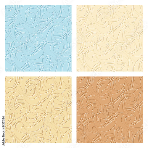Vector set of four abstract seamless beige and blue patterns.