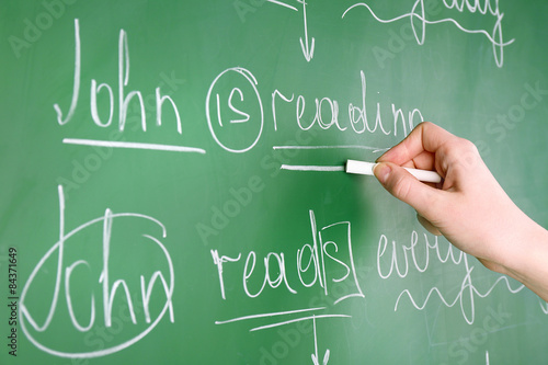 Teacher hand writing grammar sentences on blackboard background