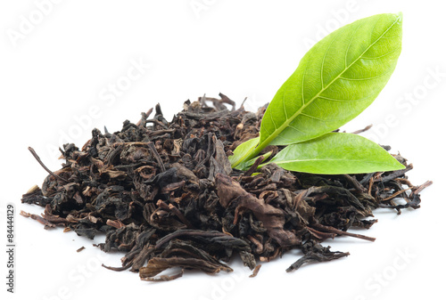 Black tea with green leaf isolated on white
