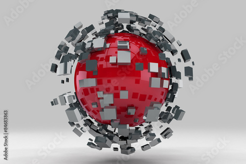 Explosion of sphere into smaller pieces. 3D render image.