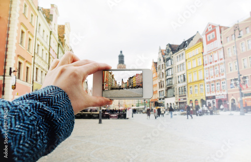 taking a picture of the old city of Wroclaw in Poland