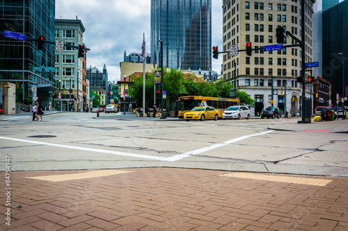 Buildings and intersection in downtown Pittsburgh, Pennsylvania.