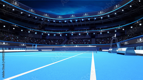 blue tennis court from the perspective of the player