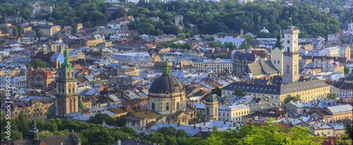 View of the city of Lviv from the High Castle Park at sunset