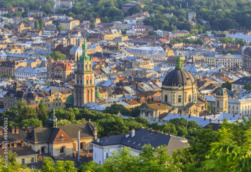 View of the city of Lviv from the High Castle Park at sunset