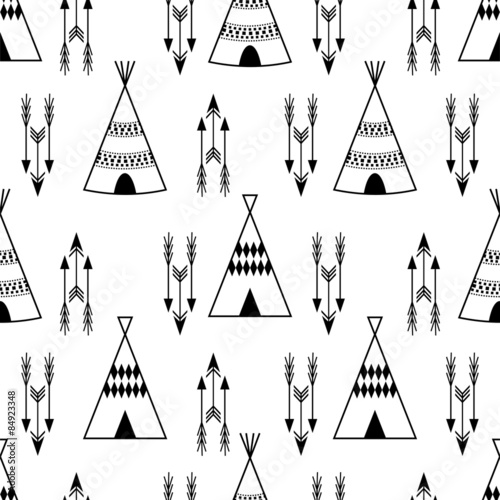 Seamless kids wigwam illustration with arrows. Cute indian background pattern in vector