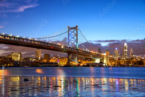 Philadelphia skyline and Ben Franklin Bridge at dusk, US