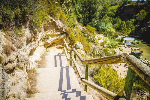 stairs, landscape with forests and natural lake in Valencia, Spa
