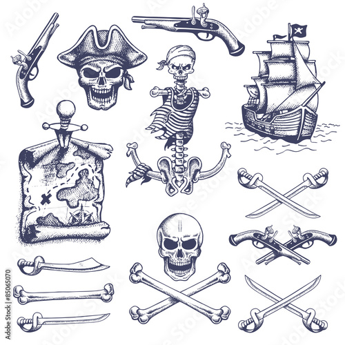 Set of vintage hand drawn pirates designed elements