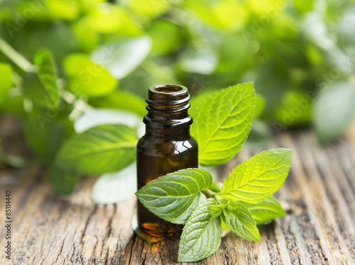 Natural Mint Essential Oil in a Little Glass Bottle