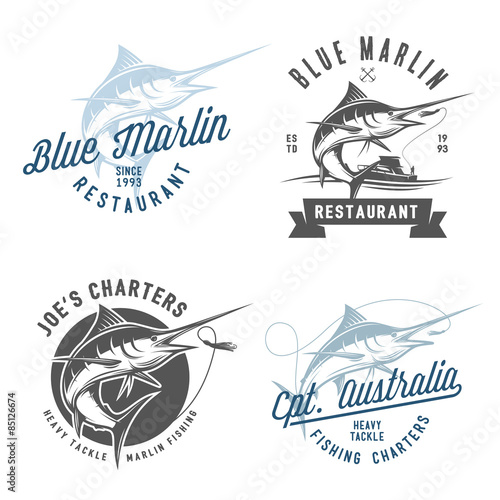 Set of marlin fishing emblems, badges and design elements