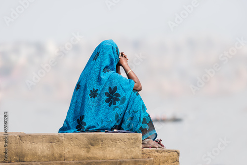 Woman in blue sari at varanasi