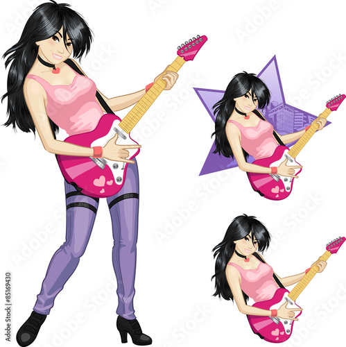 Rock star guitarist Asian girl in cartoon style