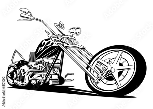 Custom American Chopper Motorcycle, Black on White Vector Illustration