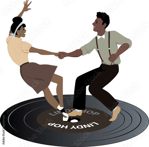 Young black couple dressed in late 1940s early 1950s fashion dancing lindy hop on a vinyl record, no transparencies, EPS 8