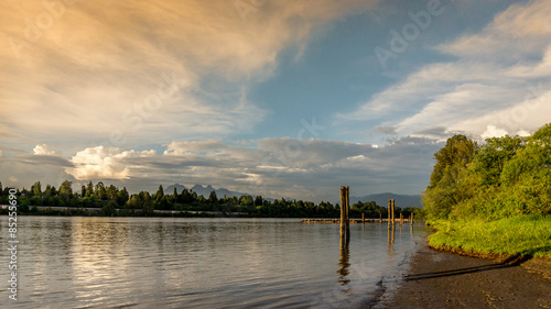 Sunset over the Fraser River near Fort Langley with the Golden Ears mountain in the background