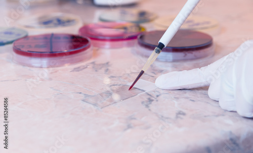 Laboratory doctor or scientific researcher preparing for a smear test or blood film. Using a pipette the doctor will put a drop of blood on the sterile slide