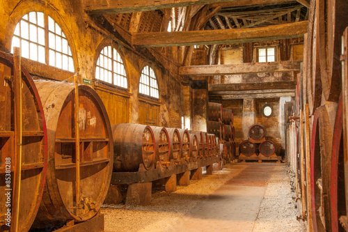 Row of oak barrels in Calvados distillery, Normandy