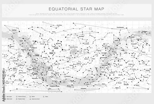 High detailed star map with names of stars, contellations and Messier objects, black and white vector