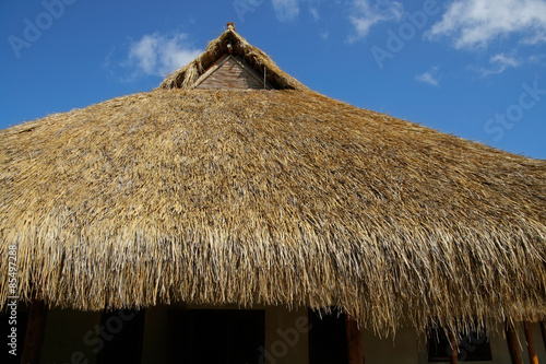 Traditional African thatched roof agaisn a blue sky