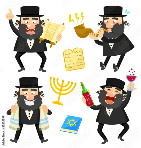 set of cartoon rabbis and Jewish symbols