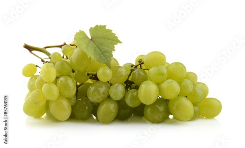 Bunch of white grapes isolated on white with leaf
