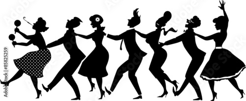 Black vector silhouette of group of people dressed in late 1950s early 1960s fashion dancing conga line, no white objects, EPS 8