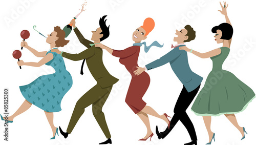 Group of people dressed in late 1950s early 1960s fashion dancing conga with maracas, party whistle and a bottle of campaign, vector illustration, no transparencies, EPS 8
