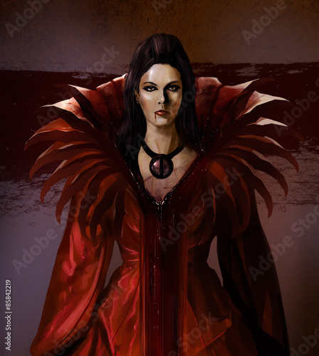 Beautiful vampire bloody countess in crimson dress outfit.