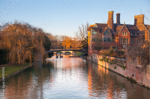 CAMBRIDGE, UK - JANUARY 18, 2015: River Cam and tourist's boats at sunset 