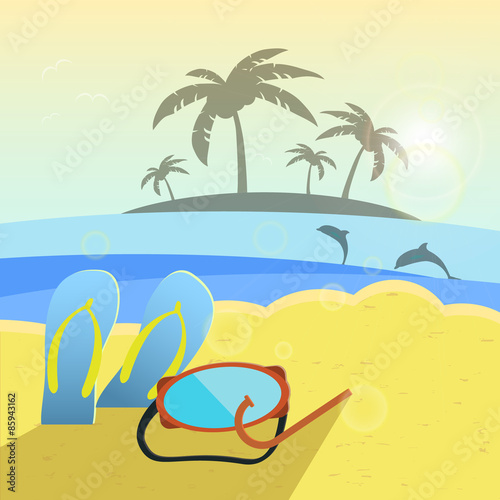  Vector illustration, summer beach, slippers and snorkeling.