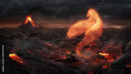 Burning bird phoenix in the volcanic landscape