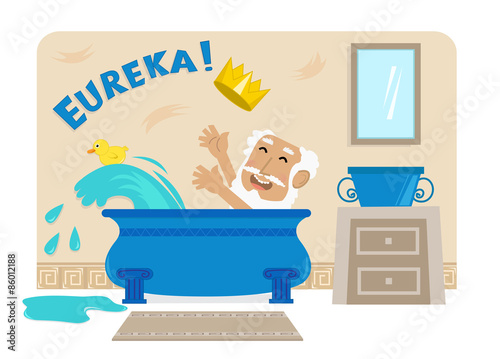 Archimedes In Bathtub - Cartoon illustration of Archimedes in his bathtub with the golden crown and the word Eureka at the top. Eps10