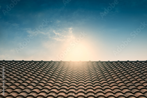 red tile roof blue sky,vintage filter