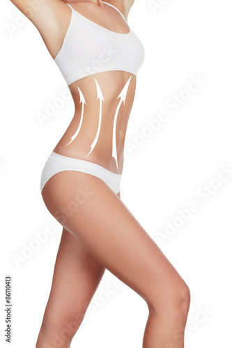 Slim woman body with the arrows on it, isolated on white, copysp