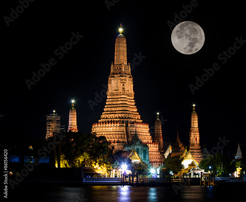 Atmosphere thai temple in dark time with full moon
