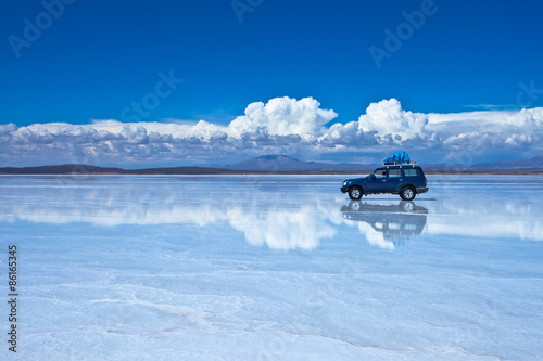 Reflection of car in Salar de Uyuni(Uyuni Salt Flat), Bolivia