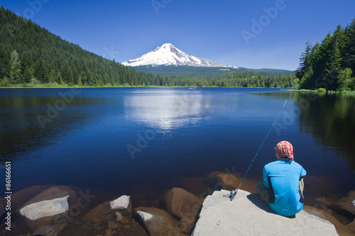Fishing at Trillium Lake, facing Mount Hood