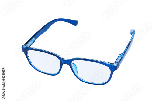 Reading glasses with blue frame; isolated on white background