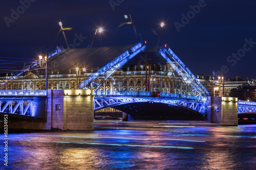 Double exposure, open Palace bridge, white nights in Saint-Peter