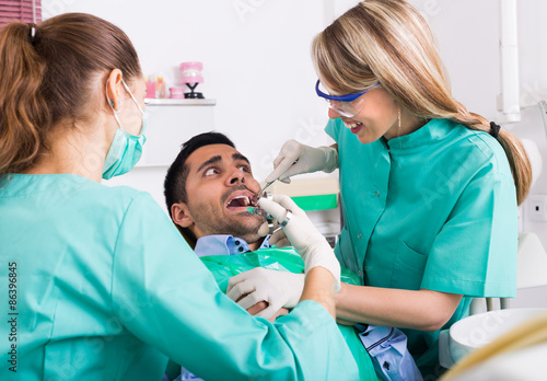 Dentist and scared patient .
