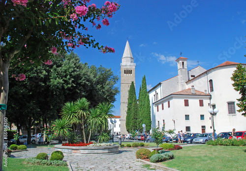 Place in city of Koper with its cathedral and bell tower in the background, Slovenia