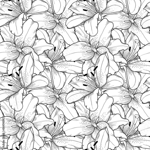 seamless background of black and white lilies hand-drawn