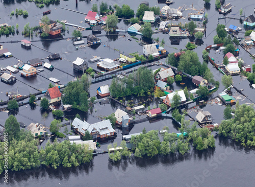 Flooded village in lowland of Great river