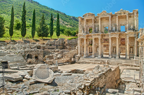 ancient ruins of Ephesus on hillside on sunny day